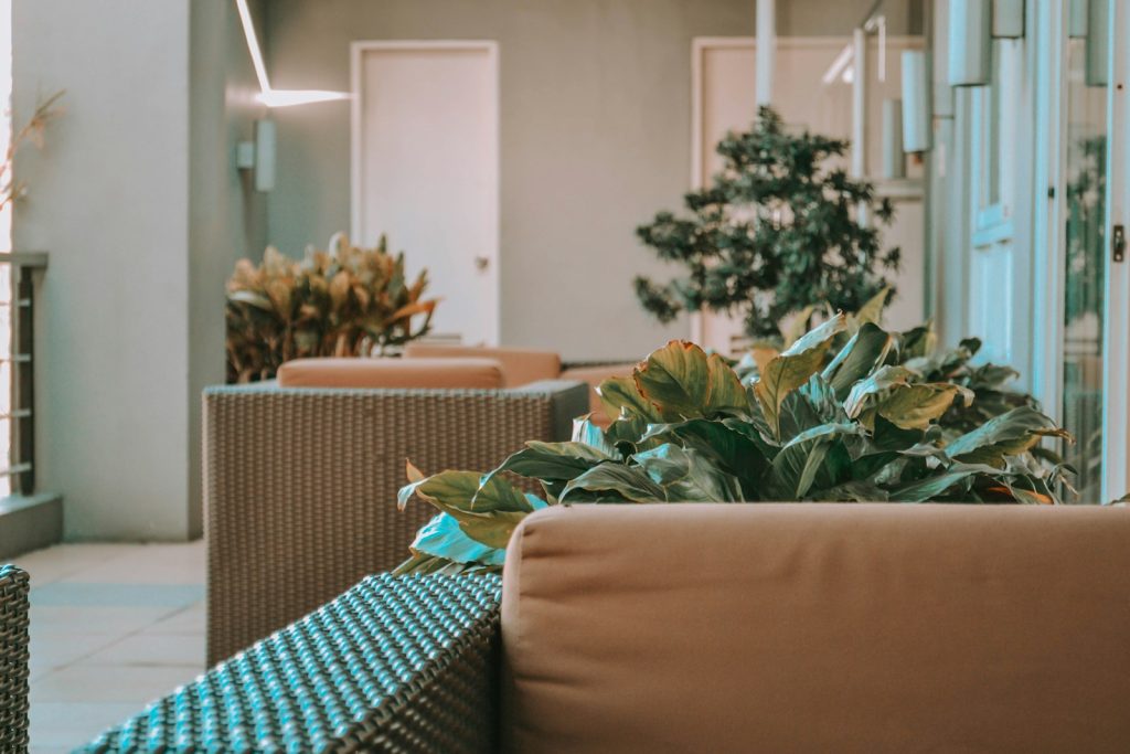Outdoor patio with rattan furniture and lush plants creating a serene and modern setting