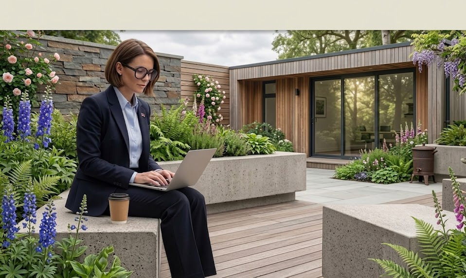 Woman in business suit working on laptop in modern garden setting with wooden building and lush plants